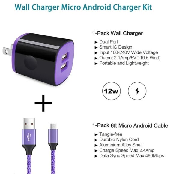 ''FAST CHARGING DUO | PURPLE MICRO USB WALL PLUG & CORD SET " - Picture 6 of 9